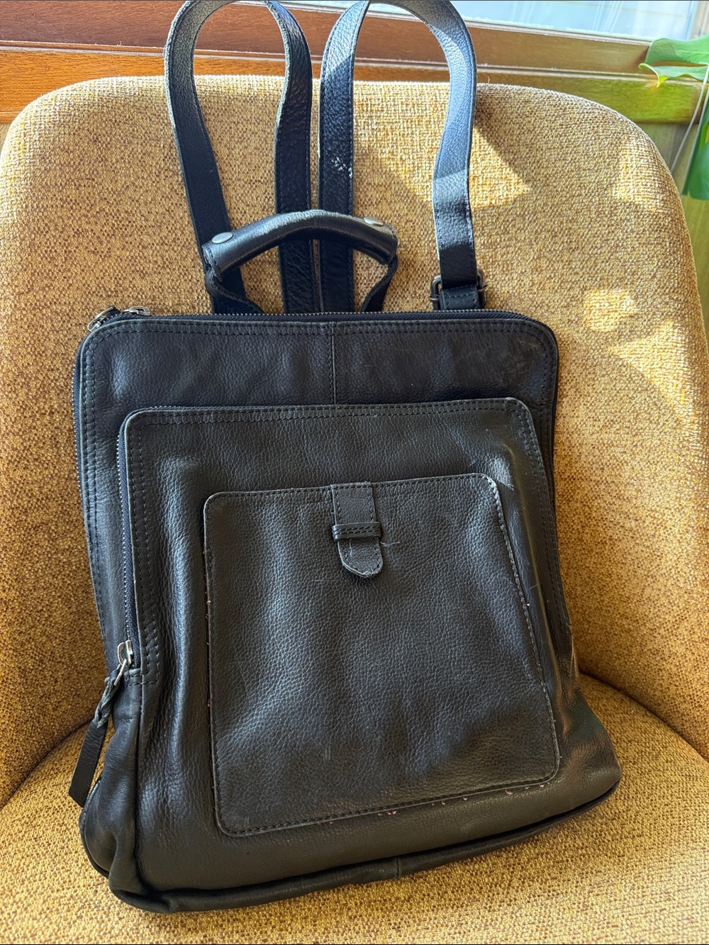 Women’s R.P.S. Rock Paper Scissors black leather backpack
